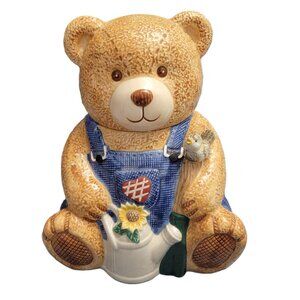 Vintage Papa Bear Ceramic Cookie Jar Watering Can Overalls Blue White 8" x 11"